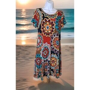 Korsis T-Shirt Dress M Floral Medallion Seam Pockets Hippie Retro Flowy Casual